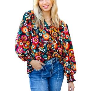 NEW HAPTICS BLACK/MAGENTA FLORAL READY FOR THE DAY SMOCKED BLOUSE